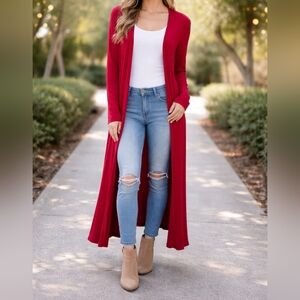 Active USA Womens Long Sleeves Open Front Side Slits Cardigan Sweater Red Sz XL
